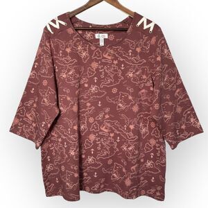 D & Co. Printed French Terry Top Women Size 2X Brown Stretch 3/4 Sleeve Nautical